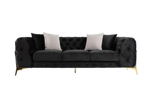 VIG Furniture Clarice Black Velvet Transitional Sofa With Button-Tufted Back, Gold Metal Legs & 4 Toss Pillows VGAH-SF1013-3-BLK