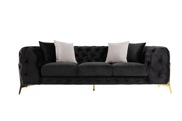VIG Furniture Clarice Black Velvet Transitional Sofa With Button-Tufted Back, Gold Metal Legs & 4 Toss Pillows VGAH-SF1013-3-BLK