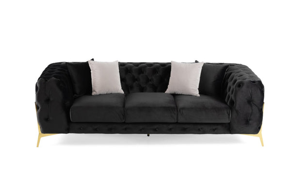 VIG Furniture Clarice Black Velvet Transitional Sofa With Button-Tufted Back, Gold Metal Legs & 4 Toss Pillows VGAH-SF1013-3-BLK
