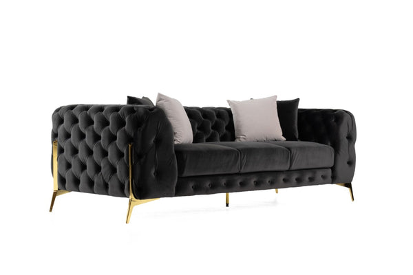 VIG Furniture Clarice Black Velvet Transitional Sofa With Button-Tufted Back, Gold Metal Legs & 4 Toss Pillows VGAH-SF1013-3-BLK