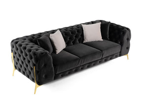 VIG Furniture Clarice Black Velvet Transitional Sofa With Button-Tufted Back, Gold Metal Legs & 4 Toss Pillows VGAH-SF1013-3-BLK
