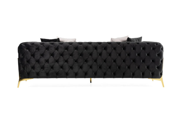 VIG Furniture Clarice Black Velvet Transitional Sofa With Button-Tufted Back, Gold Metal Legs & 4 Toss Pillows VGAH-SF1013-3-BLK