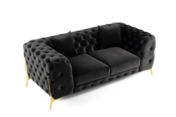 VIG Furniture Clarice Black Velvet Loveseat With Tufted Back, Gold Metal Legs, Removable Cushions For Two VGAH-SF1013-2-BLK