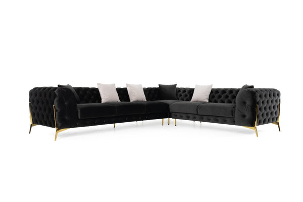 VIG Furniture Clarice Luxurious Velvet Transitional 6-Seat Sectional With Tufted Backs, Removable Cushions & Gold Legs Black Sectional Sofa VGAH-SF1015-BLK