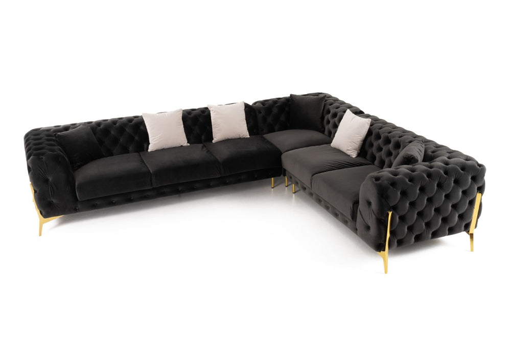 VIG Furniture Clarice Luxurious Velvet Transitional 6-Seat Sectional With Tufted Backs, Removable Cushions & Gold Legs Black Sectional Sofa VGAH-SF1015-BLK