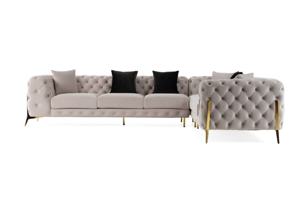 VIG Furniture Clarice Luxurious Velvet Transitional 6-Seat Sectional With Tufted Backs, Removable Cushions & Gold Legs Beige Sectional Sofa VGAH-SF1015-BGE