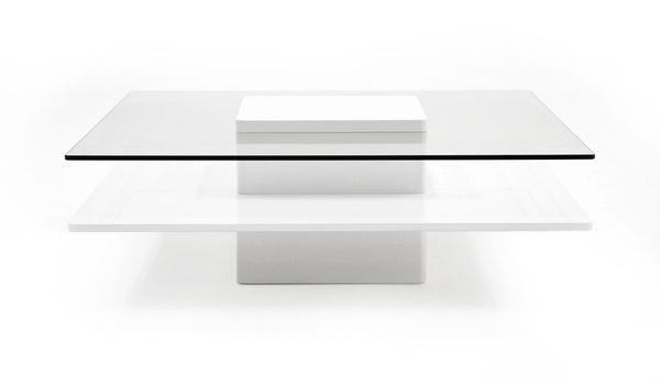 VIG Furniture Clarion Modern White High-Gloss & Clear Tempered Glass Coffee Table — Multitiered Minimalist Centerpiece VGBBLE638E-WHT