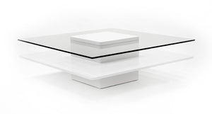 VIG Furniture Clarion Modern White High-Gloss & Clear Tempered Glass Coffee Table — Multitiered Minimalist Centerpiece VGBBLE638E-WHT