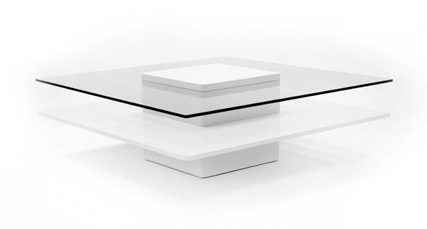 VIG Furniture Clarion Modern White High-Gloss & Clear Tempered Glass Coffee Table — Multitiered Minimalist Centerpiece VGBBLE638E-WHT