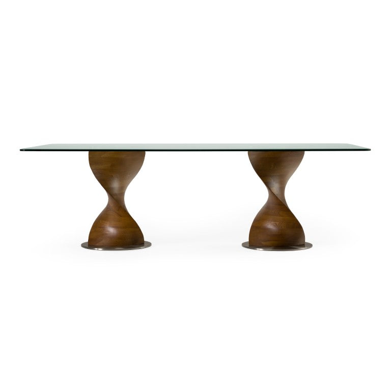 VIG Furniture Cleveland Sculptural Walnut Double-Pedestal Dining Table With Tempered Glass Top, Seats 6–8 Guests VGCS-DT-16152