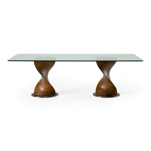 VIG Furniture Cleveland Sculptural Walnut Double-Pedestal Dining Table With Tempered Glass Top, Seats 6–8 Guests VGCS-DT-16152