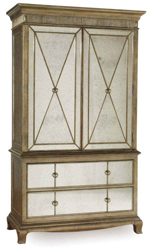 Hooker Furniture Sanctuary Mirrored Armoire In Visage Finish With Silver Leaf Trim, Cedar-Lined Drawer & Shelving 3016-90013
