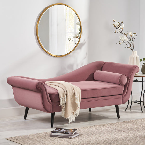 English Elm Chaise Lounge Velvet Upholstered with Birch Legs Elegant Salon Style Living Room Accent Pink 69103.00DUSPNK