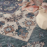 Nourison Brilliance Machine Washable WSB03 Machine Made Power-loomed Ornamental Border Indoor Only Vintage Bohemian Rug Teal Blue, Teal Blue 100% Polyester 99446914309