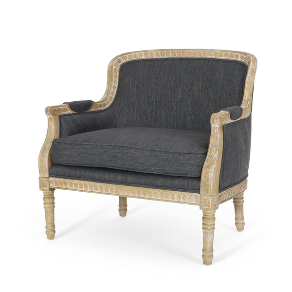 English Elm Christopher Knight Home® - CLUB Chair with French Country Carved Accents, Upholstered Comfort, Weathered Rubberwood Frame -Elegant Charcoal 71064.00CHAR