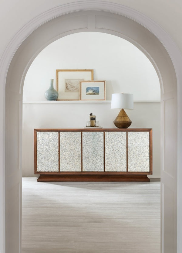 Hooker Furniture Melange Walnut Leopard Entertainment Credenza With Silver Glass Doors, Soft-Close Storage For 80" Tv 628-55071-89