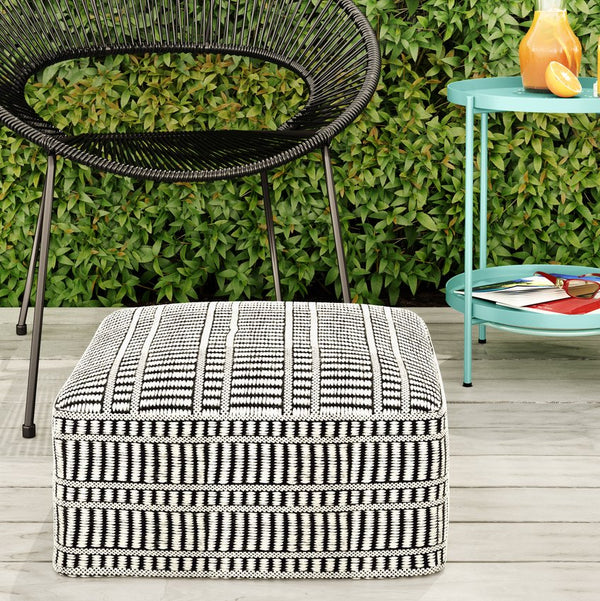 English Elm Safford Handwoven Outdoor/Indoor Square Pouf in Black & White – Recycled PET, Supportive Seat, UV Resistant B136P159026