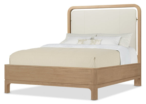 Hooker Furniture Banyon Oak Queen Panel Bed With Leather Upholstered Headboard, Wire-Brushed Desert Oak Finish Beige 6081-90350-82