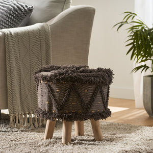 English Elm Christopher Knight Home® - ROJA Handcrafted Wool & Cotton 16x16 Boho Foot Stool with Eucalyptus Wood, Dark Brown Tufted Accent 63546.00DBRN