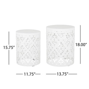 English Elm Metal Nesting End Table Set of Two with Floral Iron Cut Design for Living Room White 73604.00WHI