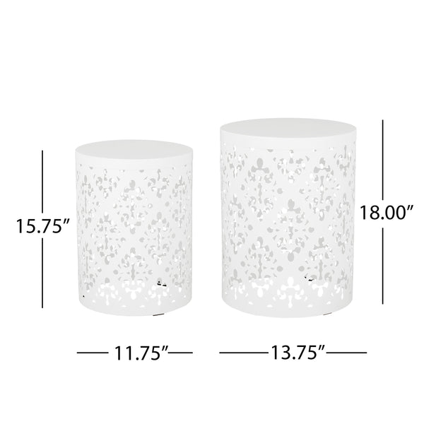 English Elm Metal Nesting End Table Set of Two with Floral Iron Cut Design for Living Room White 73604.00WHI