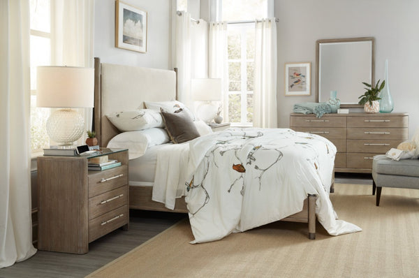 Hooker Furniture Affinity Queen Upholstered Bed With Kurtz Linen Headboard And Greige Oak Veneer For Elegant Comfort 87.75 L x 81.50W x 64.25H 6050-90966-GRY