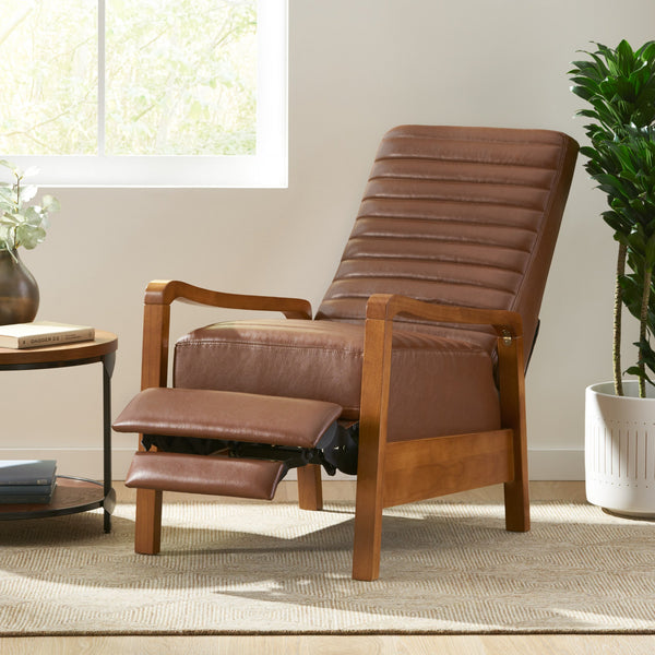 English Elm Christopher Knight Home® - Faux Leather Wood Hand Manual Club Recliner Light Brown PU Push-Back Channel Stitching Rubberwood Frame 71261.00PUCOGN