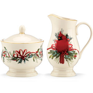 Lenox Winter Greetings Sugar & Creamer Set Red & Green, IVORY PORCELAIN 847266