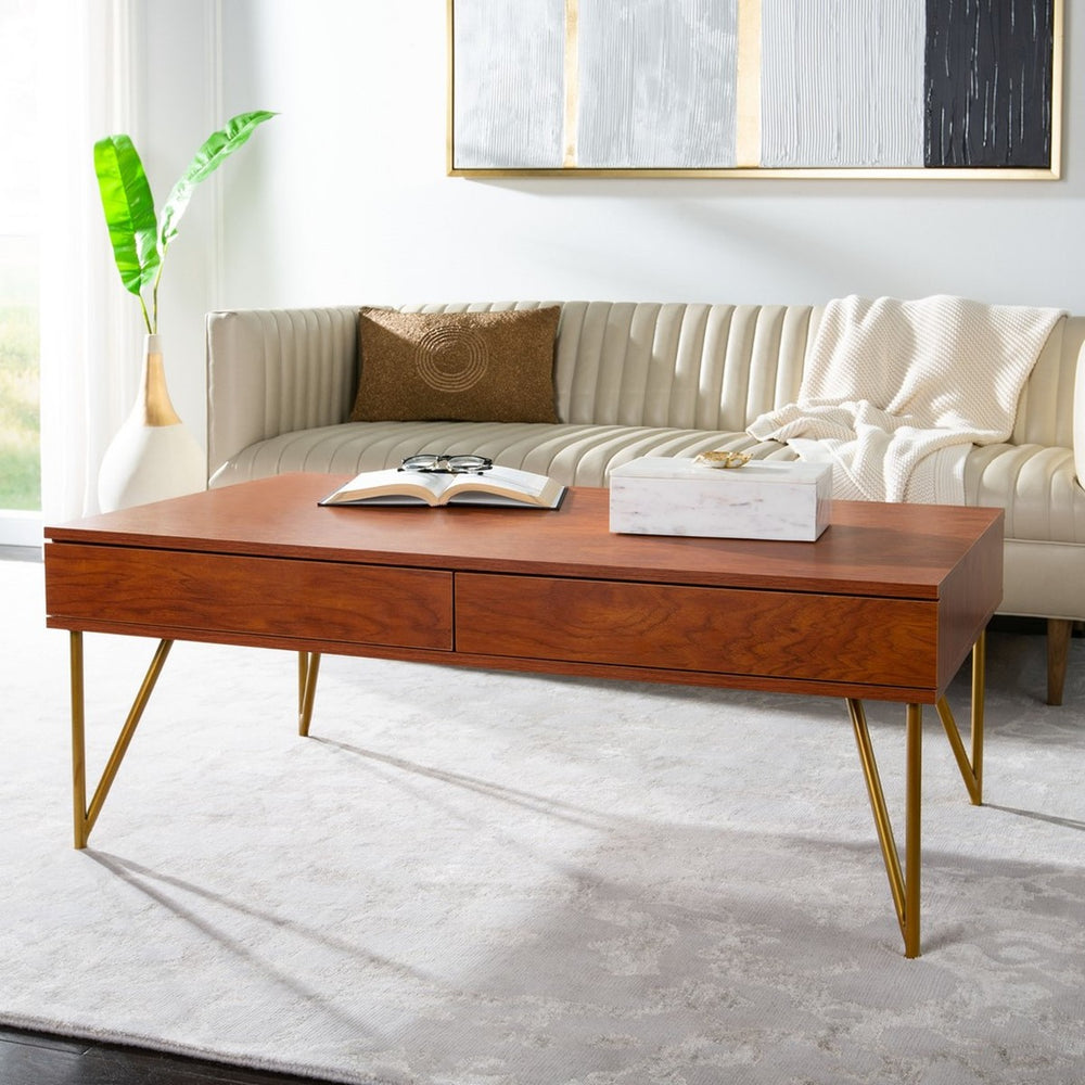 Safavieh Pine Two Drawer Coffee Table Natural/Gold Iron COF2238A