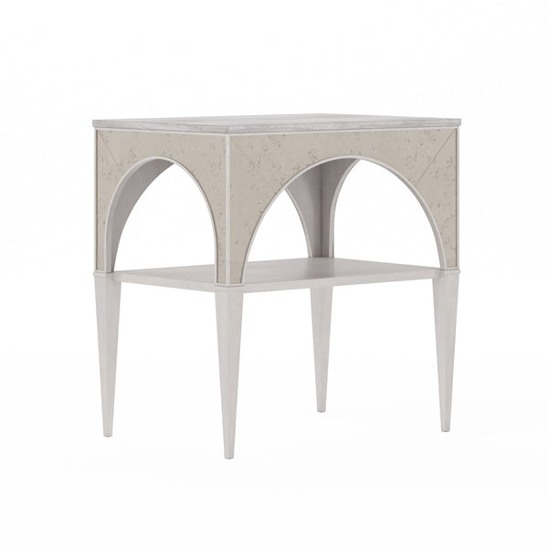 A.R.T. Furniture Mezzanine Night Table In Dove Gray - Elegant Arched Frame With Travertine Top & Antique Mirror Finish Light Gray Parawood And Poplar Solids,Maple Veneer,Mirror,Travertine 325141-2249