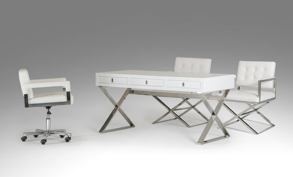 VIG Furniture Congress Transitional White Crocodile Office Desk — High-Gloss Luxe Surface, Silver X-Frame, 3 Drawers, Spacious Workstation VGUNAS706-150-WHT