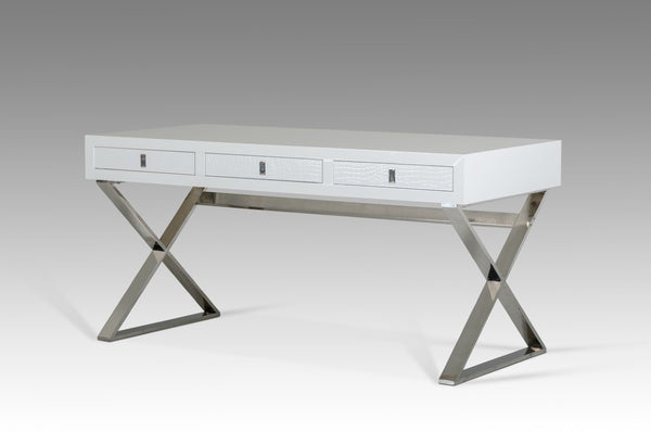 VIG Furniture Congress Transitional White Crocodile Office Desk — High-Gloss Luxe Surface, Silver X-Frame, 3 Drawers, Spacious Workstation VGUNAS706-150-WHT