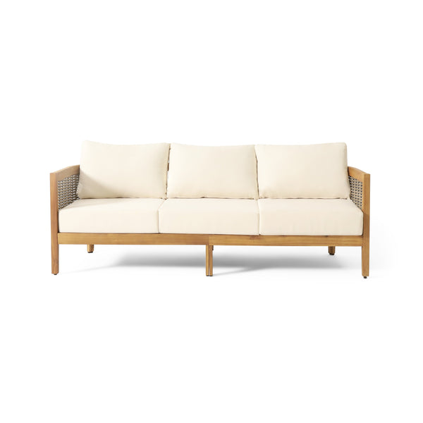English Elm Christopher Knight Home® - 76.5'' Acacia Wood Round Wicker 3-Seater Outdoor Sofa with Teak Finish, Water-Resistant Beige Cushions 74133.00
