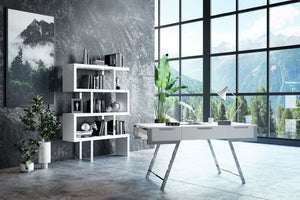 VIG Furniture Maze Zig-Zag White High-Gloss Bookcase With Stainless Steel Braces — Modern Display & Storage Unit VGBBMD105-WHT