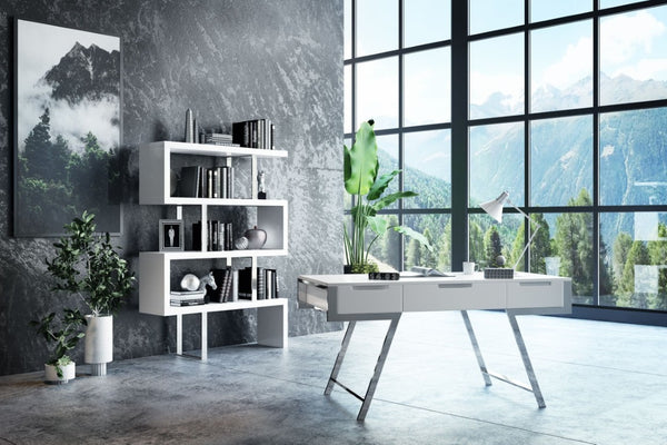 VIG Furniture Maze Zig-Zag White High-Gloss Bookcase With Stainless Steel Braces — Modern Display & Storage Unit VGBBMD105-WHT