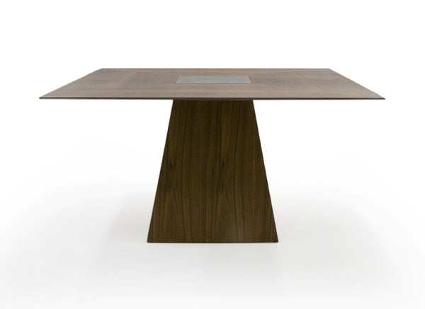 VIG Furniture Cora- Square Walnut Dining Table With Pedestal Base And Black Tempered Glass Top, 59" Modern Elegance VGBB-MI1412-WAL-DT