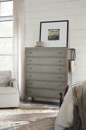 Hooker Furniture Ciao Six-Drawer Chest In Time Worn Gray — Farmhouse Heirloom Style, Felt & Cedar Liners, Brass Accents 5805-90010-95