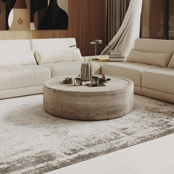 VIG Furniture Cozad Sculptural Round Coffee Table With Faux Travertine Laminate Top, Fiberglass Base, Fully Assembled VGVC-CT25093