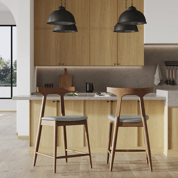 English Elm Counter Stools Set of Two Mid-century Rubberwood Frame Upholstered Kitchen Island Seating 72661.00LGRY