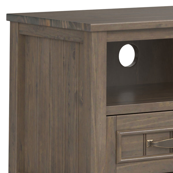 English Elm Lev Solid Wood Low TV Stand Smoky Brown – Hand-Finished Grain, 3 Drawers, Open Shelves, Cord Management, Fits 60" TVs B136P158822