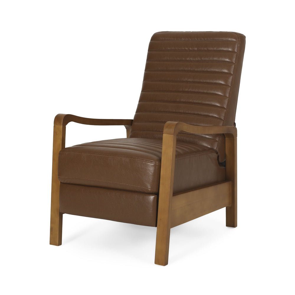 English Elm Christopher Knight Home® - Faux Leather Wood Hand Manual Club Recliner Light Brown PU Push-Back Channel Stitching Rubberwood Frame 71261.00PUCOGN