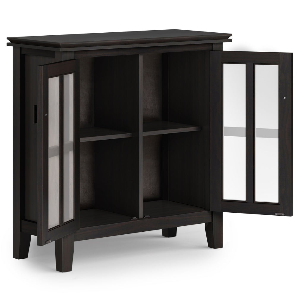 English Elm Artisan Low Storage Cabinet In Rich Hickory Brown - Handcrafted Wood, Glass Doors & Adjustable Shelves B136P158396