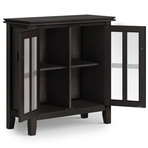 English Elm Artisan Low Storage Cabinet In Rich Hickory Brown - Handcrafted Wood, Glass Doors & Adjustable Shelves B136P158396