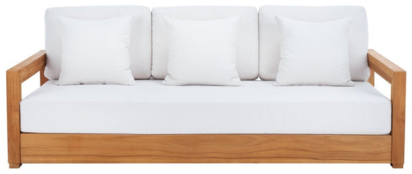 Safavieh Montford Teak 3-Seat Bench Casing White Linen Fabric CPT1004D-CASING