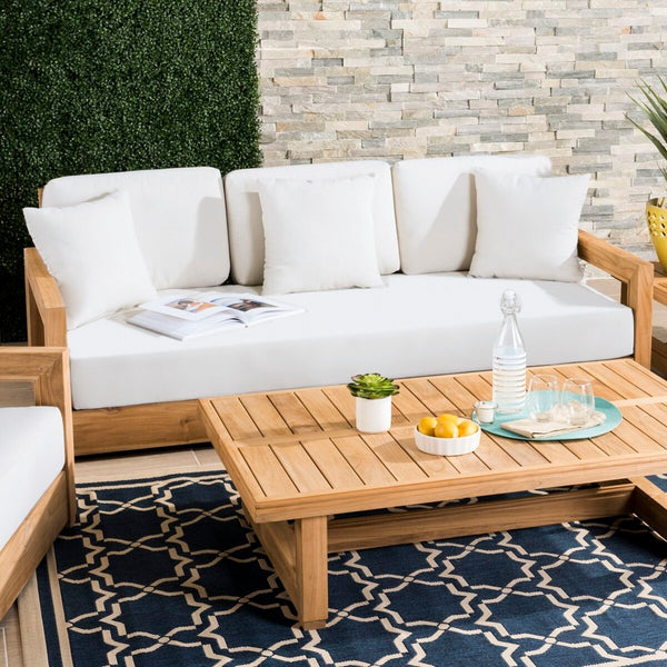 Safavieh Montford Teak 3-Seat Bench Casing White Linen Fabric CPT1004D-CASING