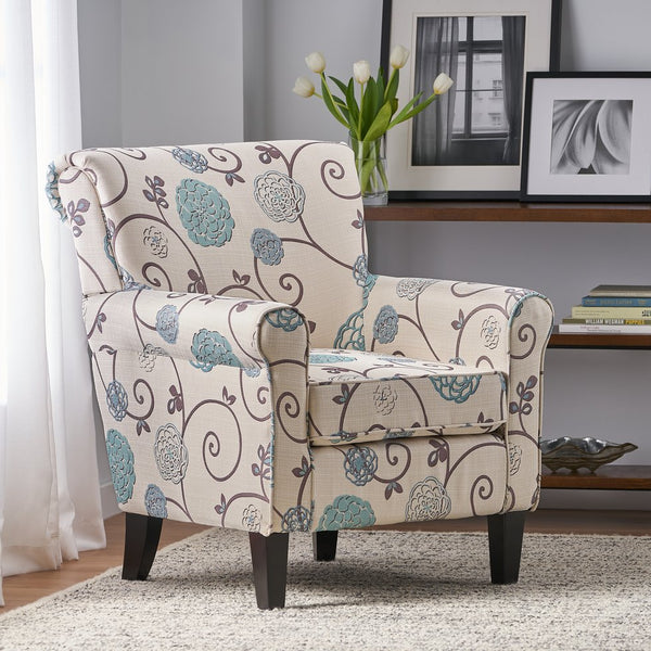English Elm Jasmine Floral Upholstered Club Chair with Tapered Birch Legs and Tonal Piping Detail 52052.00WBLU