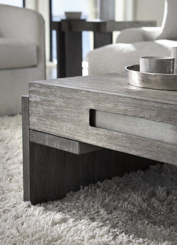 Bernhardt Bernhardt Foundations Cocktail Table With Two-Tone Cerused Acacia, Brushed Steel Accents, Soft-Close Drawers And Rustic Modern Flair Dark Shale; Light Shale 54"W x 32"D x 17.25"H 306021