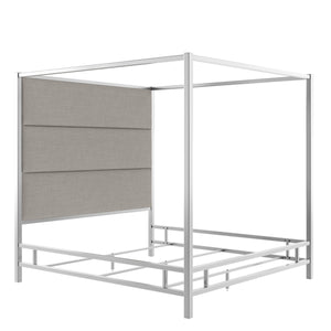 Homelegance By Top-Line Marcel Chrome Finish Metal Canopy Bed with Linen Panel Headboard Chrome Metal