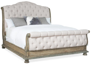 Hooker Furniture Castella California King Tufted Bedframe With Carved Acanthus, Antique Slate Finish, Durable Performance Fabric Beige 5878-90560-80