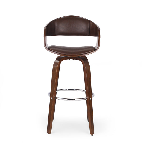 English Elm Christopher Knight Home® - BAR STOOL Mid-Century Modern Faux Leather Swivel with Walnut Veneer Frame and Chrome Footrest Dark Brown 67494.00PUDBRN